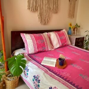 Pink Hand block Printed Cotton Bedsheet - King