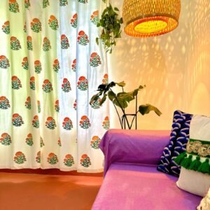 White Floral Hand Block Premium Curtain