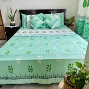 Green Leaf Luxury Hand Block King Size Bed sheet