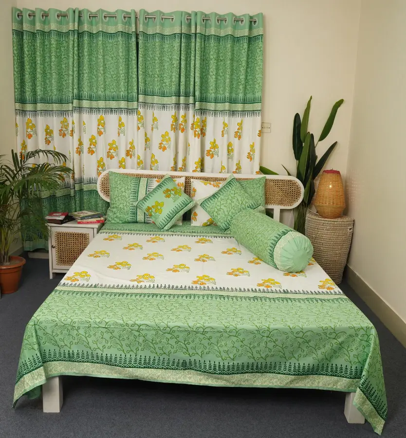 16 (1) hand block print comboset bedsheet curtain side pillow cushion cover mint white