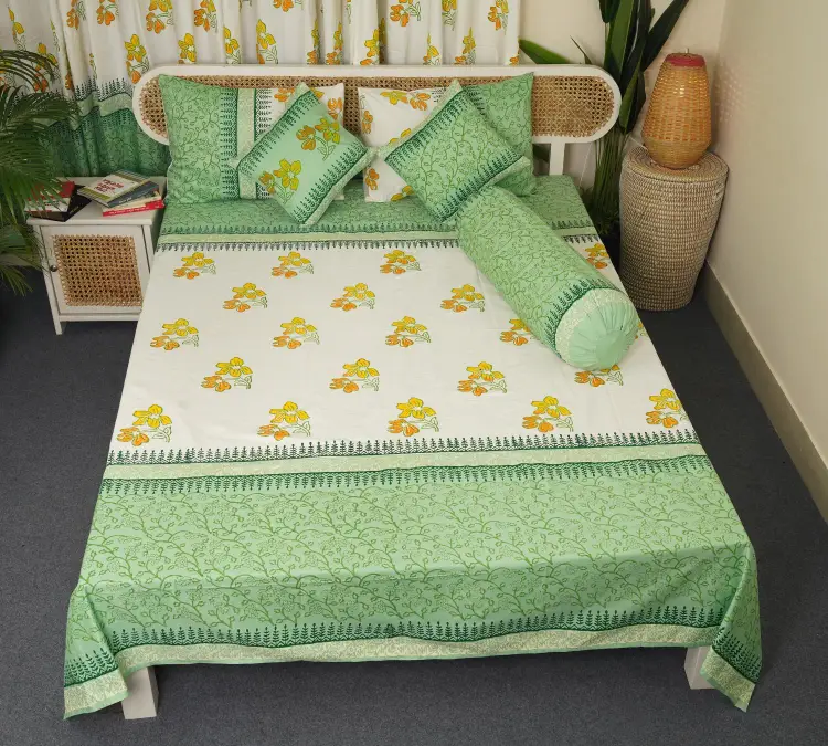 16 (2) hand block print comboset bedsheet curtain side pillow cushion cover mint white