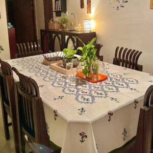White Floral Hand block Print Table Cloth 6 seater