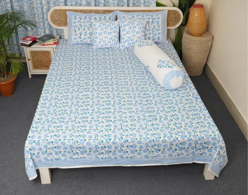 hand block print comboset bedsheet curtain side pillow cushion cover blue kolmitola 12 (2)