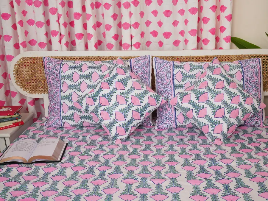 hand block print comboset bedsheet curtain side pillow cushion cover green pink 20 (3)