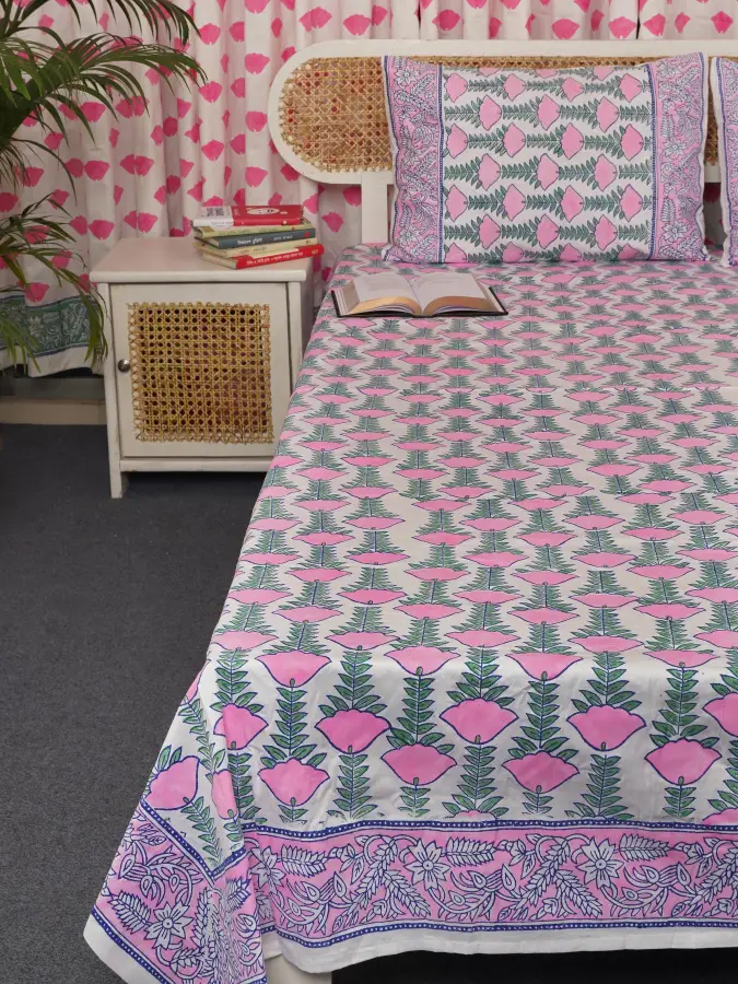 hand block print comboset bedsheet curtain side pillow cushion cover green pink 20 (5)