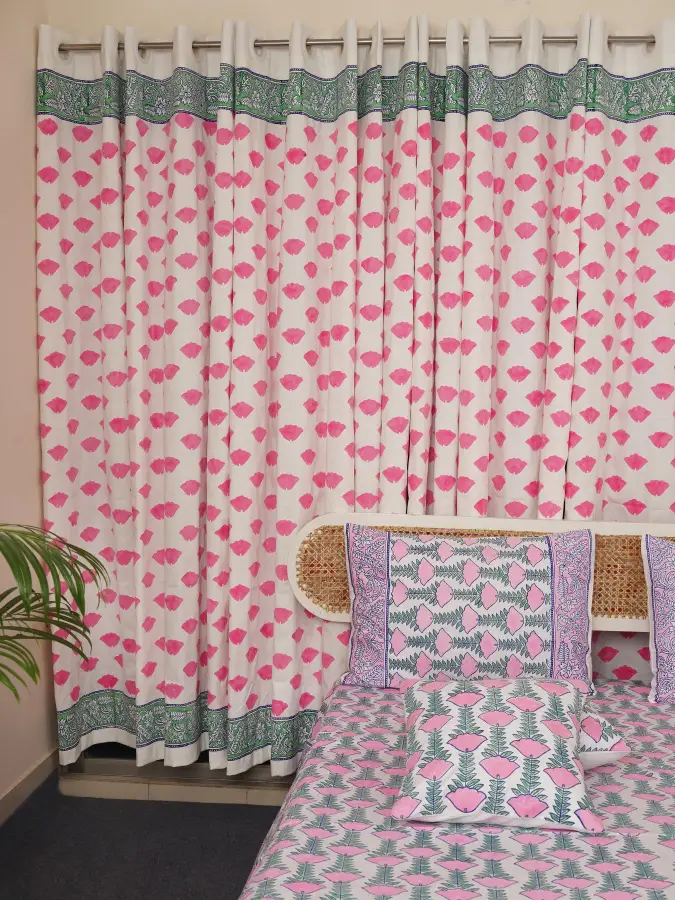 hand block print comboset bedsheet curtain side pillow cushion cover green pink 20 (6)