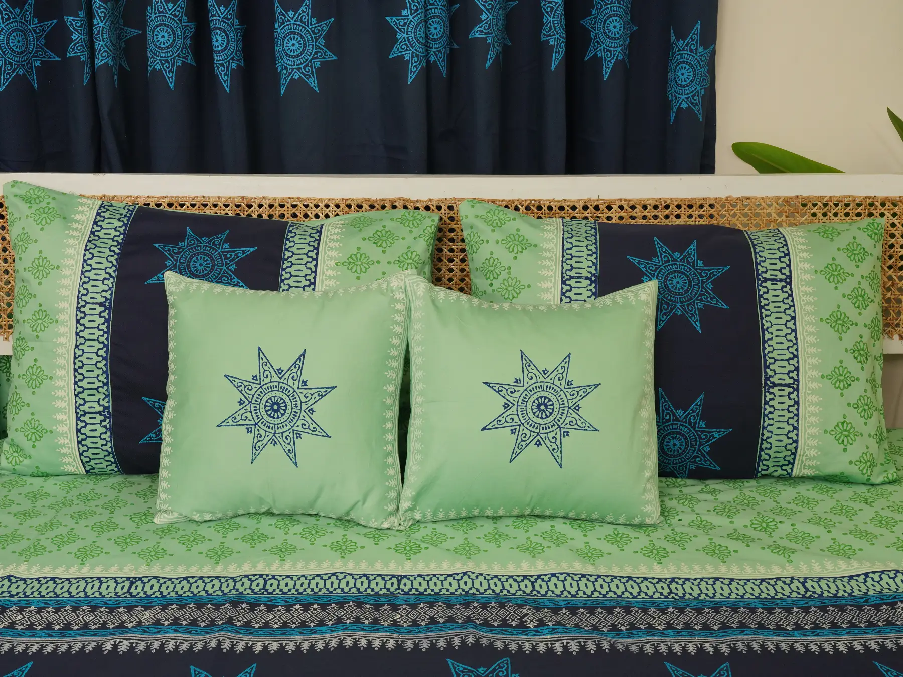 hand block print comboset bedsheet curtain side pillow cushion cover mint blue 10 (4)