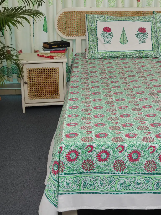 hand block print comboset bedsheet curtain side pillow cushion cover mint red 1 (2)