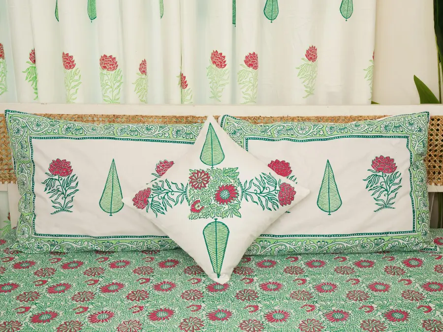 hand block print comboset bedsheet curtain side pillow cushion cover mint red 1 (3)