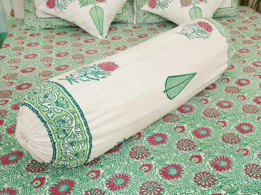 hand block print comboset bedsheet curtain side pillow cushion cover mint red 1 (4)