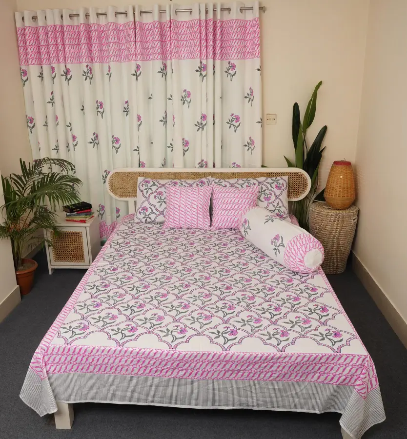 hand block print comboset bedsheet curtain side pillow cushion cover purple managenta 5 (1)