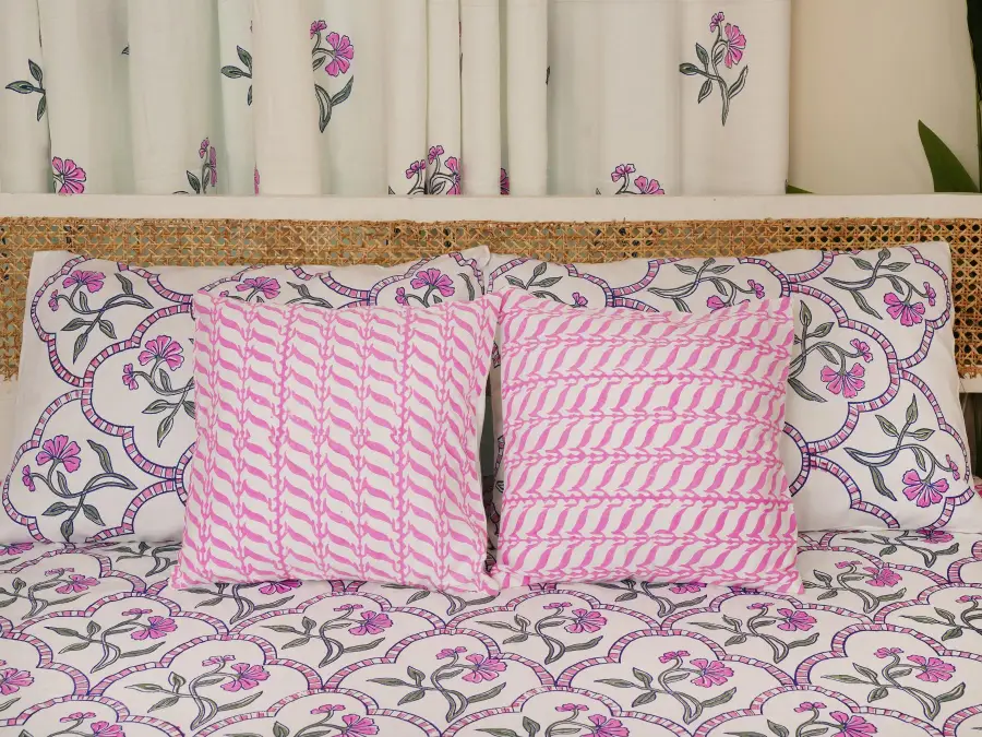 hand block print comboset bedsheet curtain side pillow cushion cover purple managenta 5 (5)